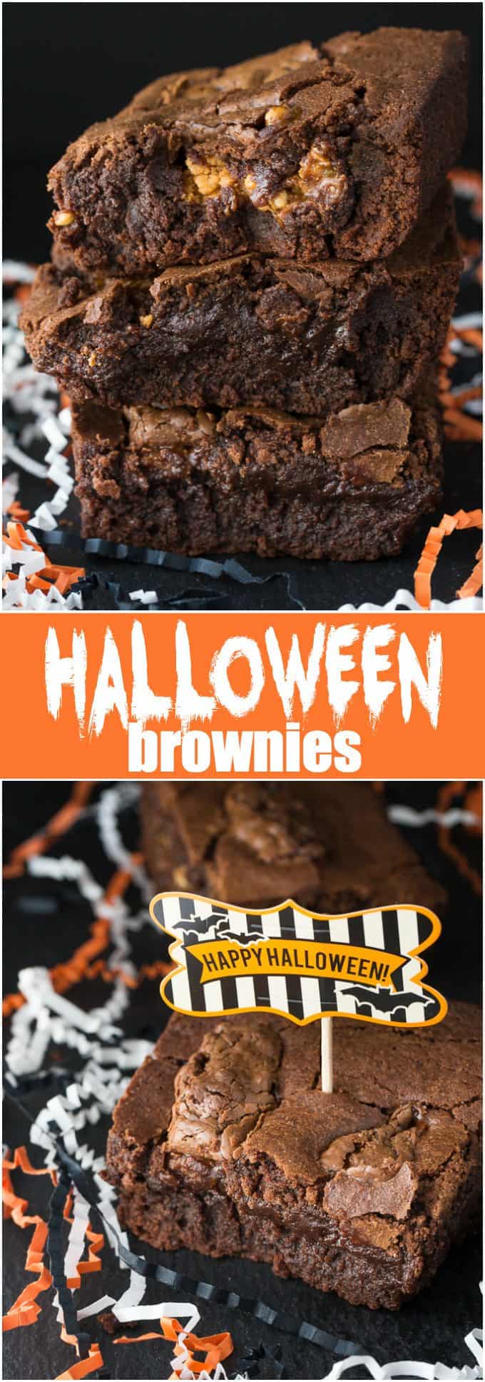 Halloween Brownies - Turn that Halloween candy into something more decadent! These brownies are just a hiding place for candy bars.