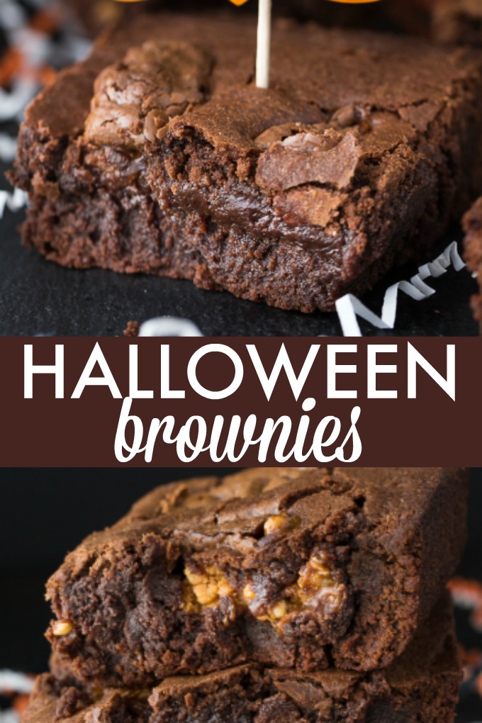 Halloween Brownies - Turn that Halloween candy into something more decadent! These brownies are just a hiding place for candy bars.