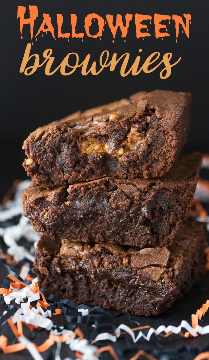 Halloween Brownies - Turn that Halloween candy into something more decadent! These brownies are just a hiding place for candy bars.