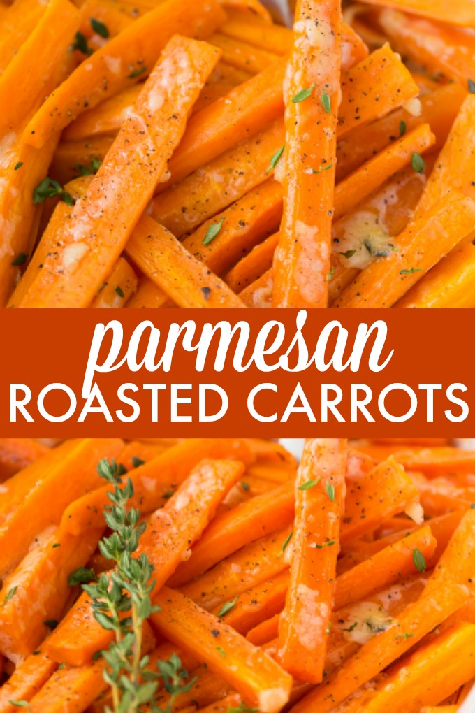 Parmesan Roasted Carrots - Tender and perfectly roasted carrots topped with fresh thyme and melted Parmesan cheese. So tasty!