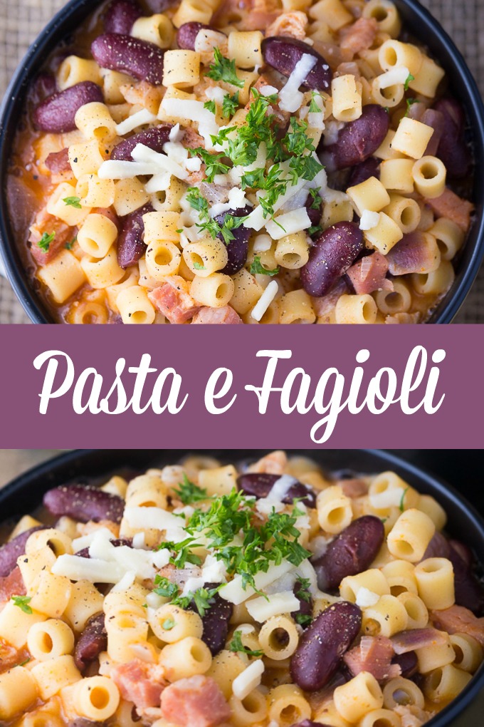 Pasta e Fagioli - This classic Italian noodle soup is so hearty and comforting! Pancetta and kidney beans mixed with fun round noodles and Asiago cheese.