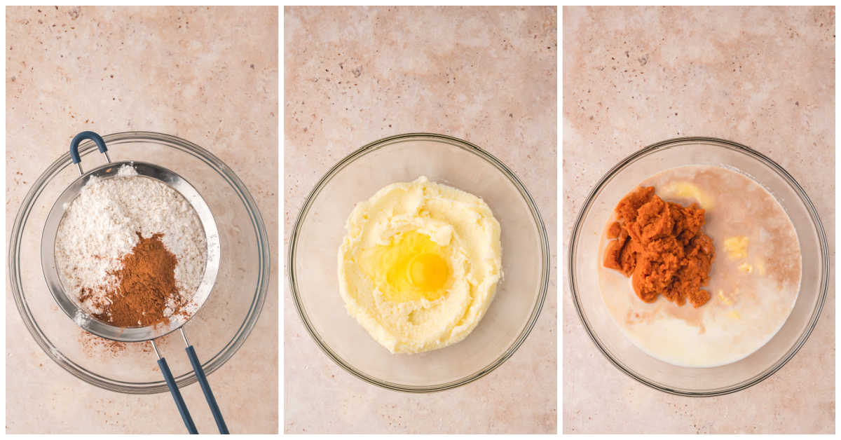 Collage of mixing ingredients in a bowl.