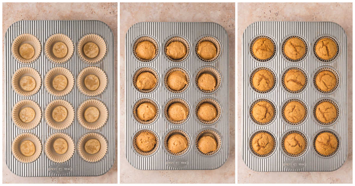 Collage of baking the cupcakes in the pan.