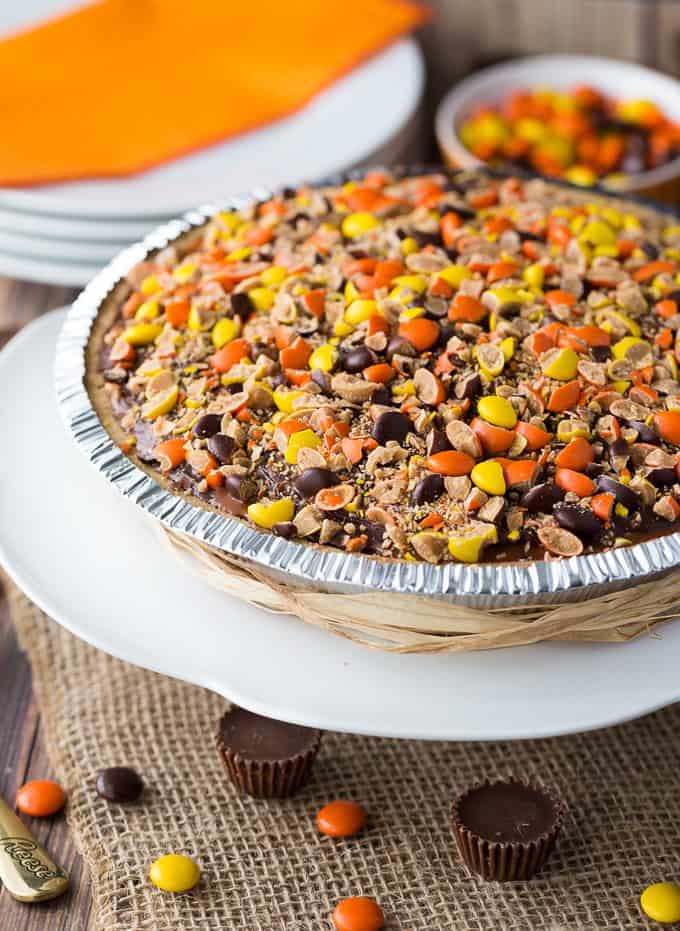 REESE Pie - This decadent no-bake dessert is all about REESE! It has a thick rich layer of REESE Spreads followed by a layer of REESE Peanut Butter Cups. Top that with a creamy, smooth chocolate/peanut butter pudding layer and a REESE'S Pieces colourful finish. 