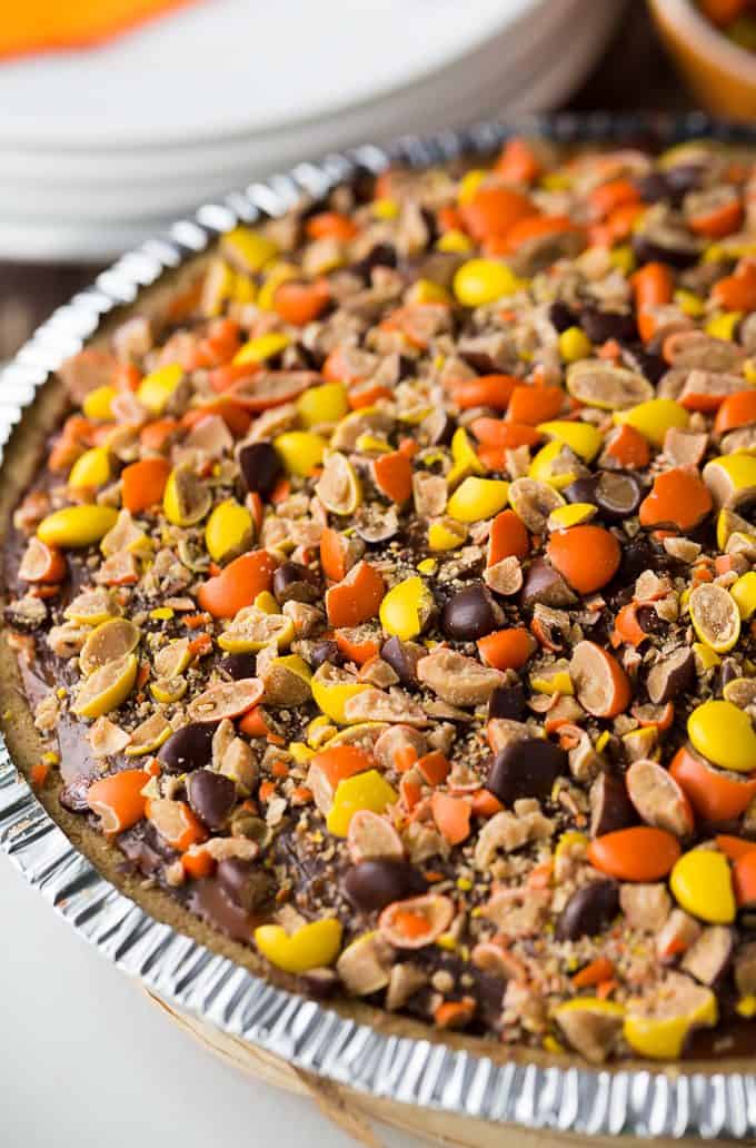 REESE Pie - This decadent no-bake dessert is all about REESE! It has a thick rich layer of REESE Spreads followed by a layer of REESE Peanut Butter Cups. Top that with a creamy, smooth chocolate/peanut butter pudding layer and a REESE'S Pieces colourful finish. 