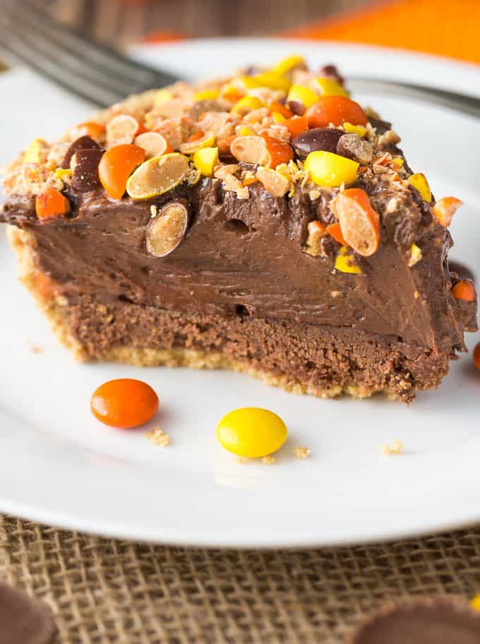 REESE Pie - This decadent no-bake dessert is all about REESE! It has a thick rich layer of REESE Spreads followed by a layer of REESE Peanut Butter Cups. Top that with a creamy, smooth chocolate/peanut butter pudding layer and a REESE'S Pieces colourful finish. 