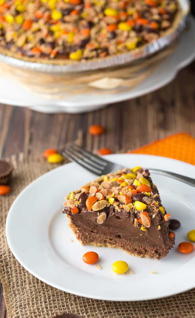 REESE Pie - This decadent no-bake dessert is all about REESE! It has a thick rich layer of REESE Spreads followed by a layer of REESE Peanut Butter Cups. Top that with a creamy, smooth chocolate/peanut butter pudding layer and a REESE'S Pieces colourful finish. 