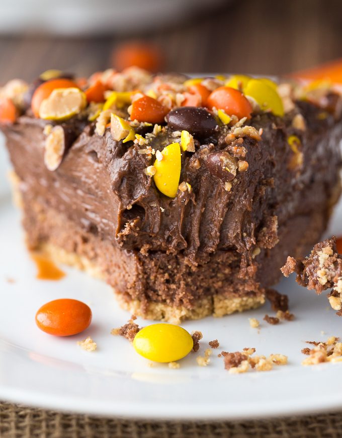 REESE Pie - This decadent no-bake dessert is all about REESE! It has a thick rich layer of REESE Spreads followed by a layer of REESE Peanut Butter Cups. Top that with a creamy, smooth chocolate/peanut butter pudding layer and a REESE'S Pieces colourful finish. 