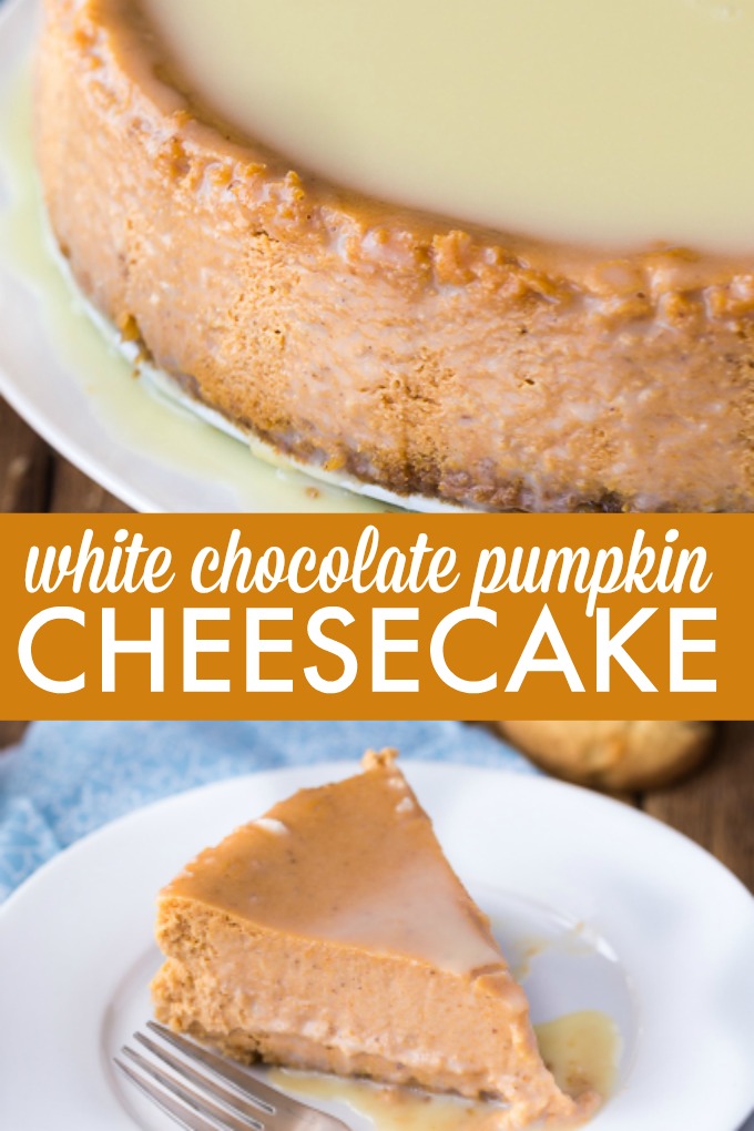 White Chocolate Pumpkin Cheesecake - The perfect fall dessert! Creamy and rich cheesecake with a pumpkin spice twist. The white chocolate glaze is the ultimate finish.