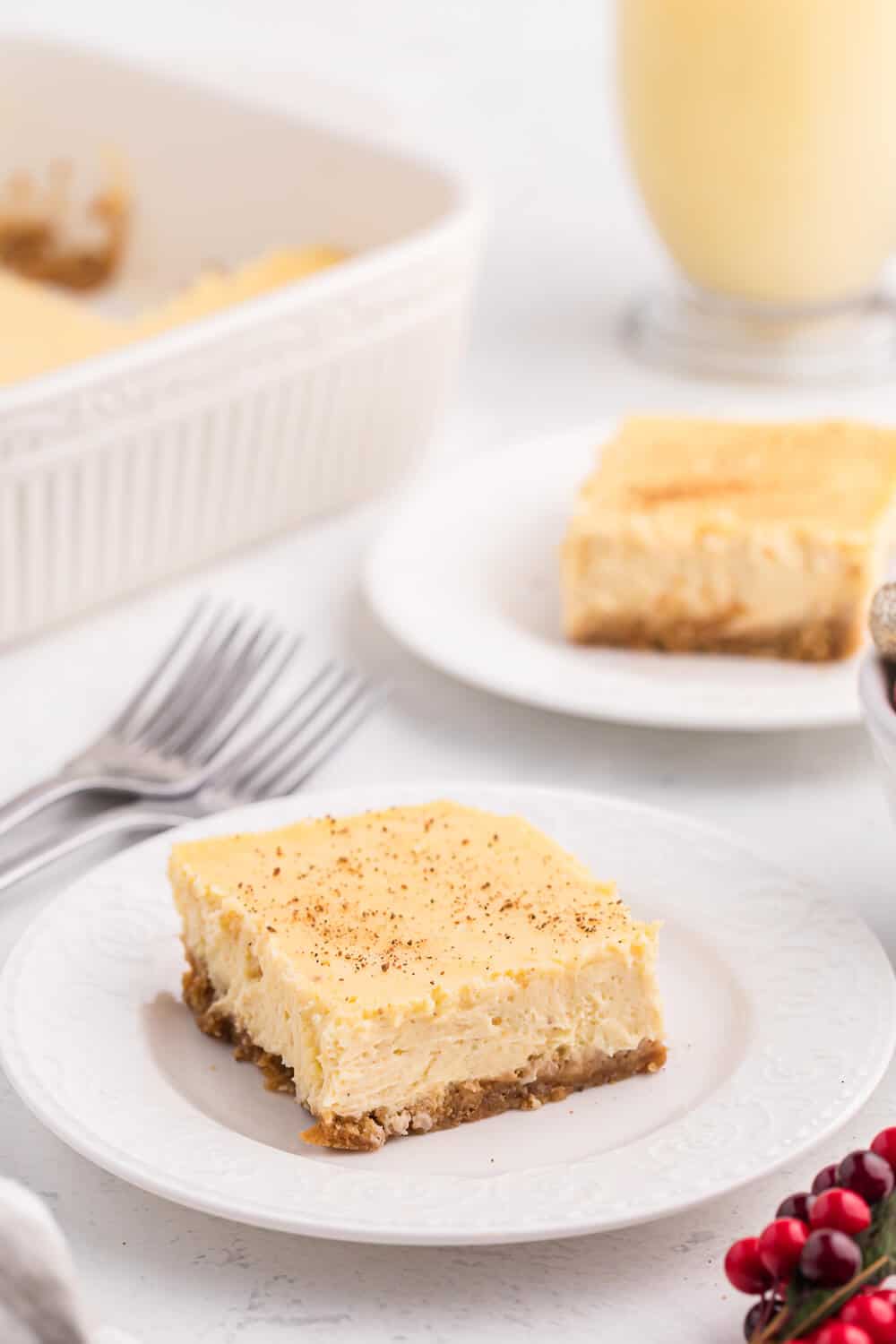 eggnog cheesecake bar on a white plate