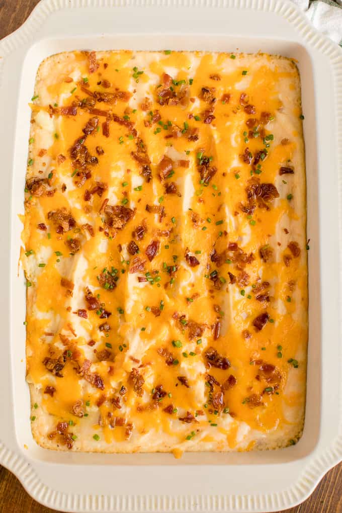 Twice baked potato casserole in a pan.