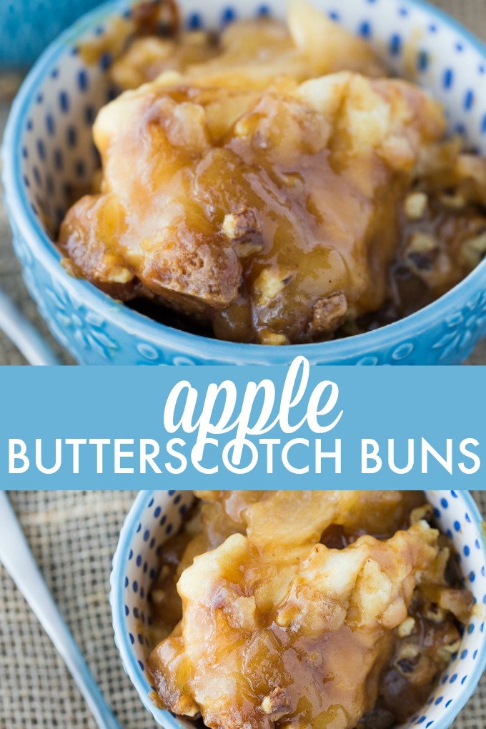 Apple Butterscotch Buns - Soft, tender buns topped with sweet apples, rich butterscotch sauce and chopped walnuts. This easy dessert will quickly become a favourite!