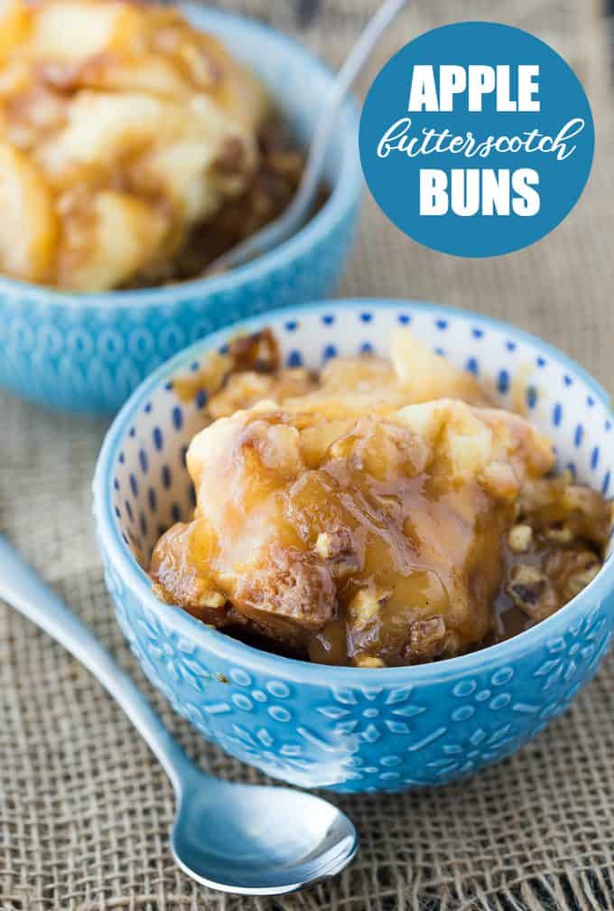 Apple Butterscotch Buns - Soft, tender buns topped with sweet apples, rich butterscotch sauce and chopped walnuts. This easy dessert will quickly become a favourite!