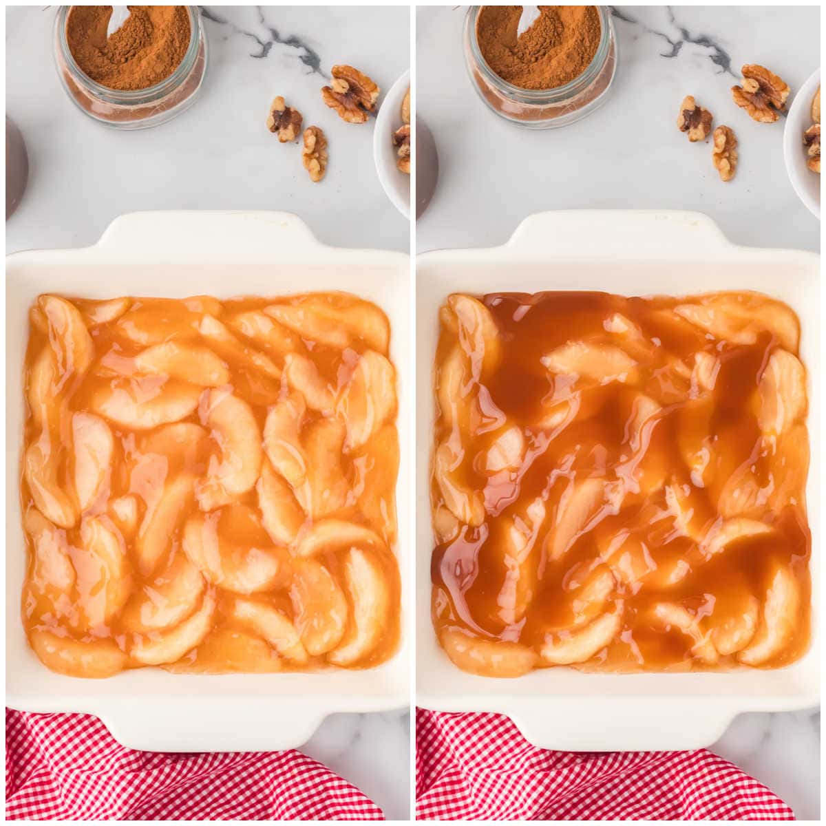 Collage of adding ingredients to the baking pan.