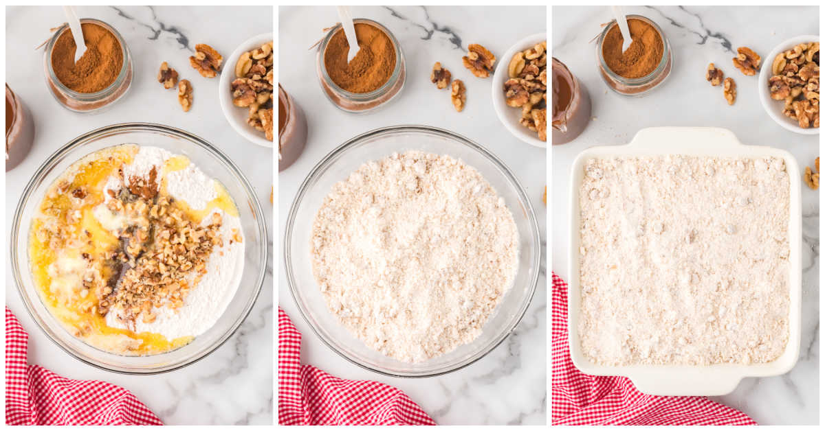Collage of adding the cake mix to the baking pan.