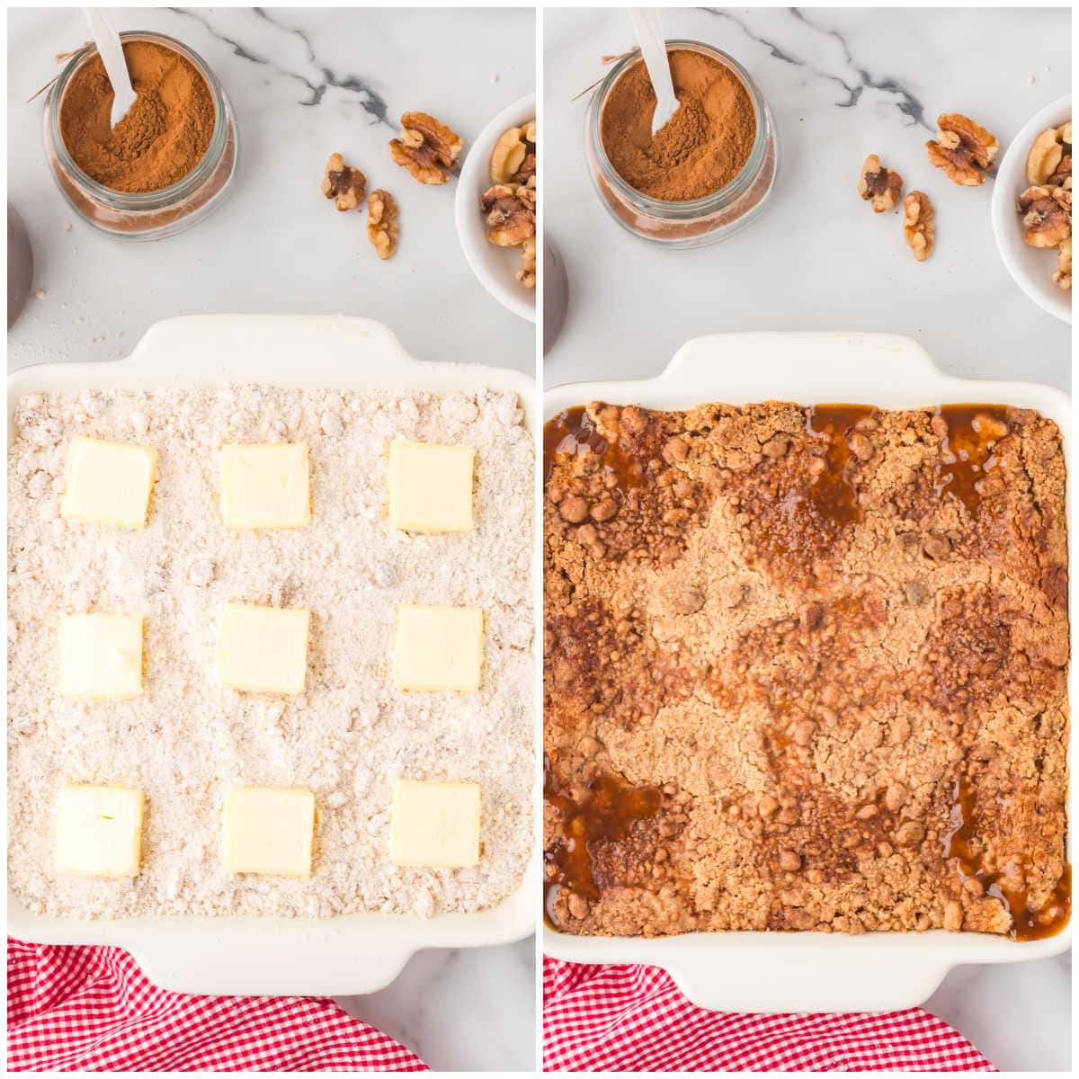 Collage of adding the butter to the top of the pan and then baking.