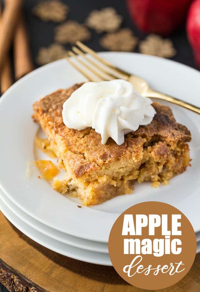 Apple Magic Dessert - Technically, a dump cake, but I prefer to call it a magic dessert. This easy recipe is made with pie filling, caramel sauce, doctored cake mix and butter.