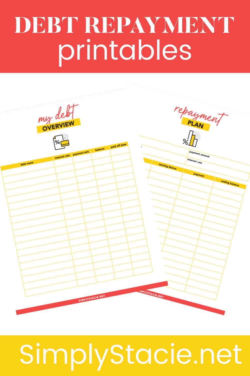 Debt Repayment Printables - Get organized and focused on improving your finances with these free debt repayment printables! This set includes a Debt Overview and Debt Repayment Plan.