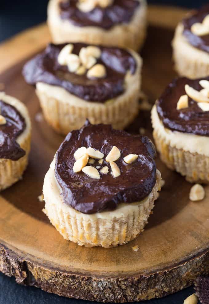 Mini Peanut Butter Cheesecakes with Chocolate Peanut Butter Sauce - You'll swoon over these mini cheesecakes! A shortbread cookie crust is topped with a rich, sweet peanut butter cheesecake filling and topped with a smooth and silky chocolate peanut butter sauce.