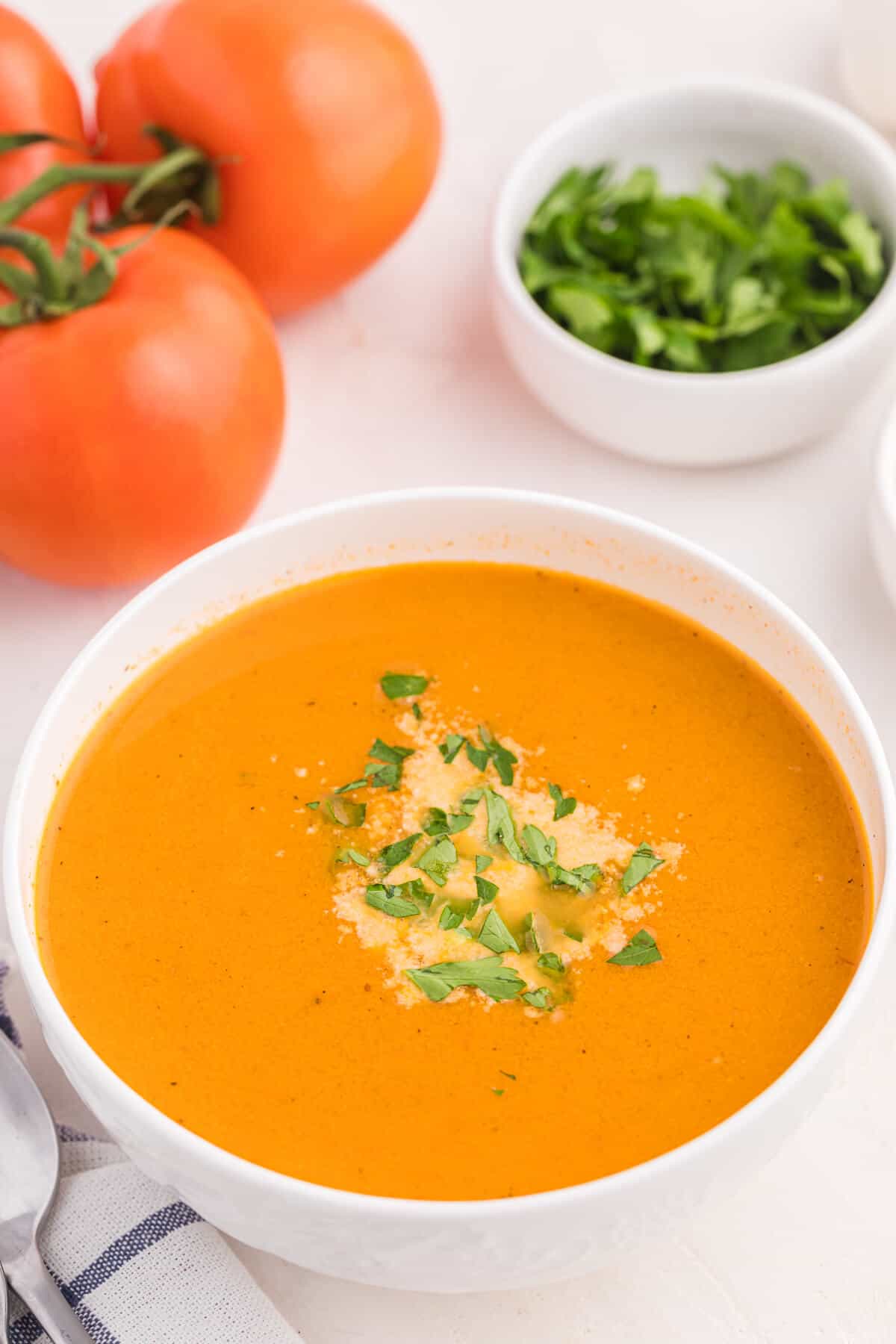 A bowl of roasted garlic and tomato soup.