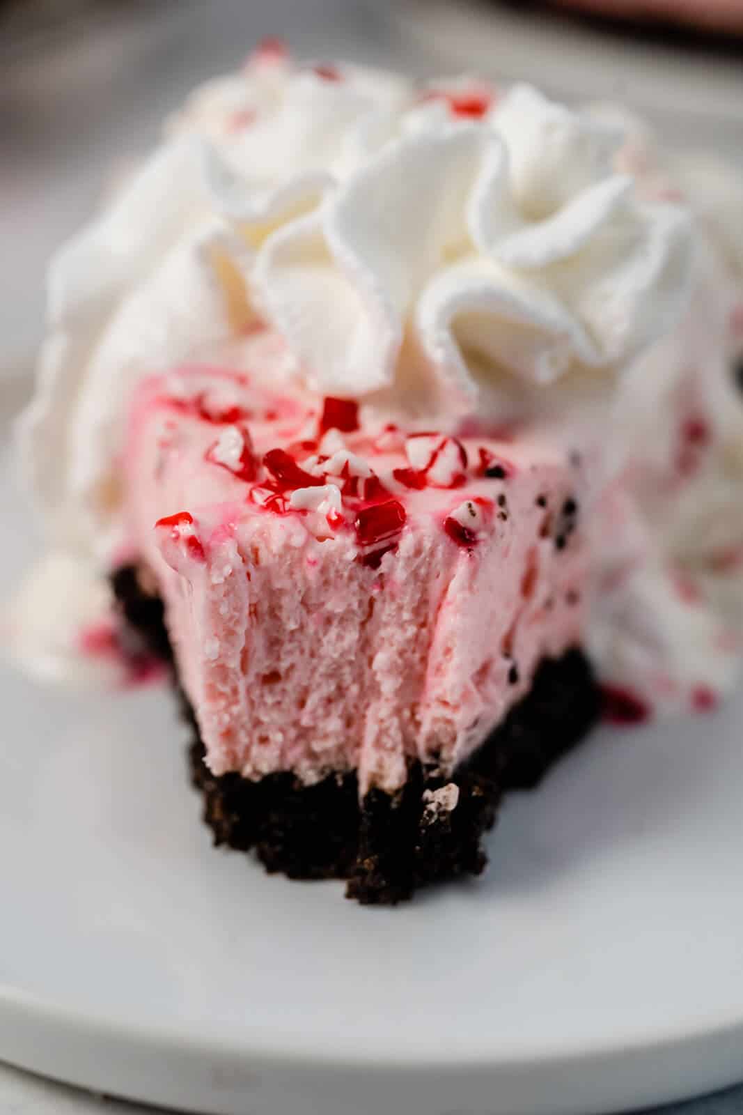 No-Bake Peppermint Pie - This dessert recipe will quickly become a holiday favorite! It combines subtle peppermint flavor with marshmallows, whipped cream and a chocolate sandwich cookie crust. Yum!