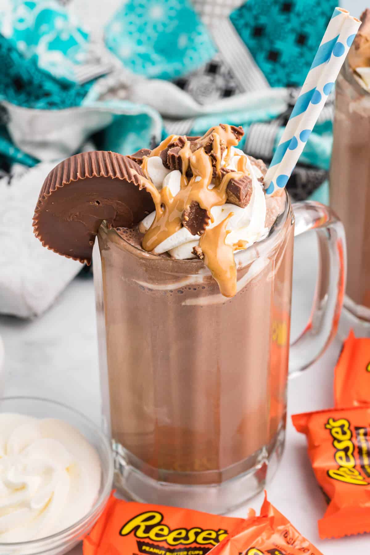 Reese's coffee milkshake with a straw.