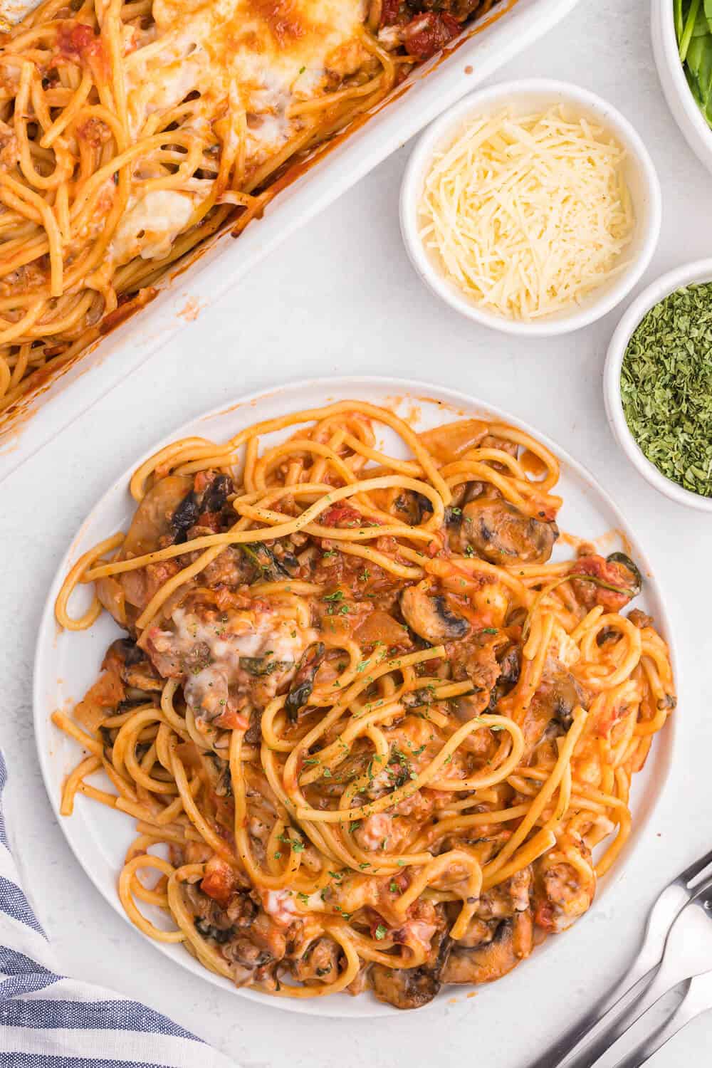 overhead of spaghetti bake served on a plate