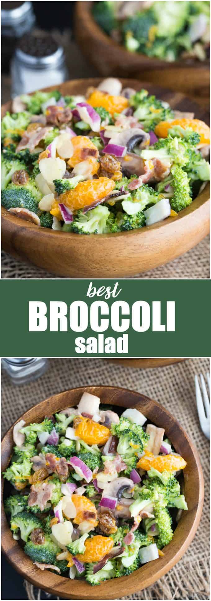 Best Broccoli Salad - Full of fresh, vibrant broccoli, raisins, sliced almonds, mushrooms and sweet mandarin oranges topped with a sweet, creamy dressing. This broccoli salad recipe is both hearty and filling!