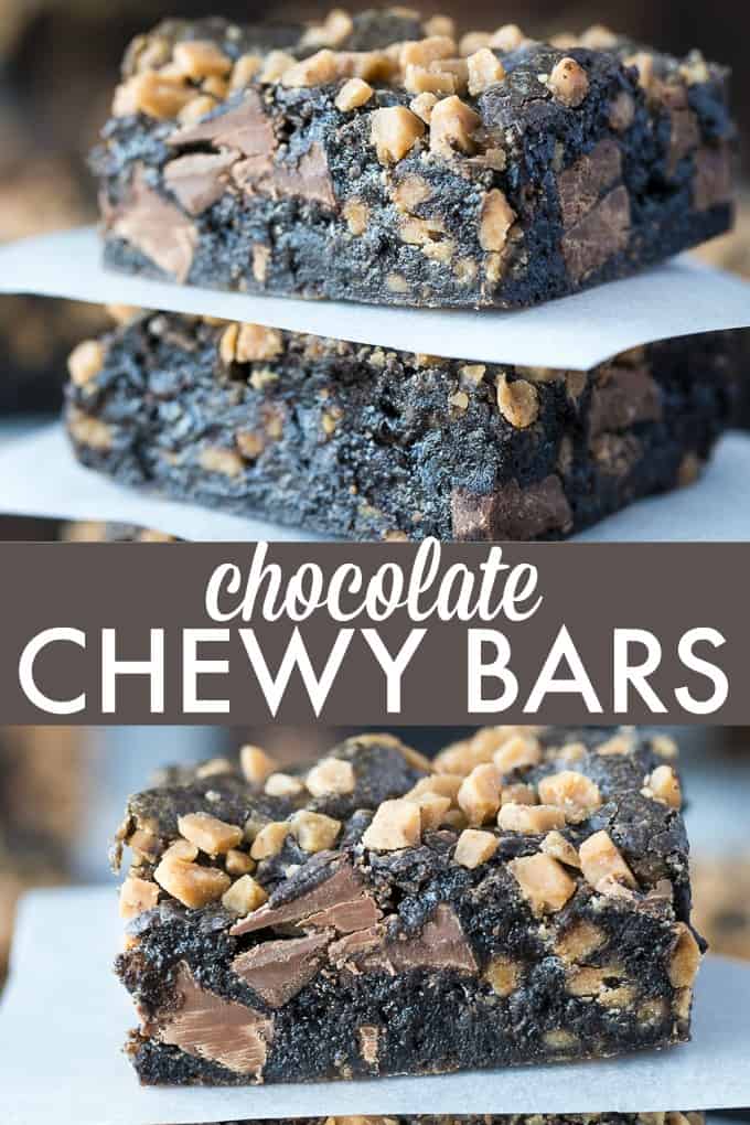 Chocolate Chewy Bars - Four-ingredient dessert! This delicious and decadent dessert is filled with Oreo crumbs, condensed milk, chocolate chips and toffee.