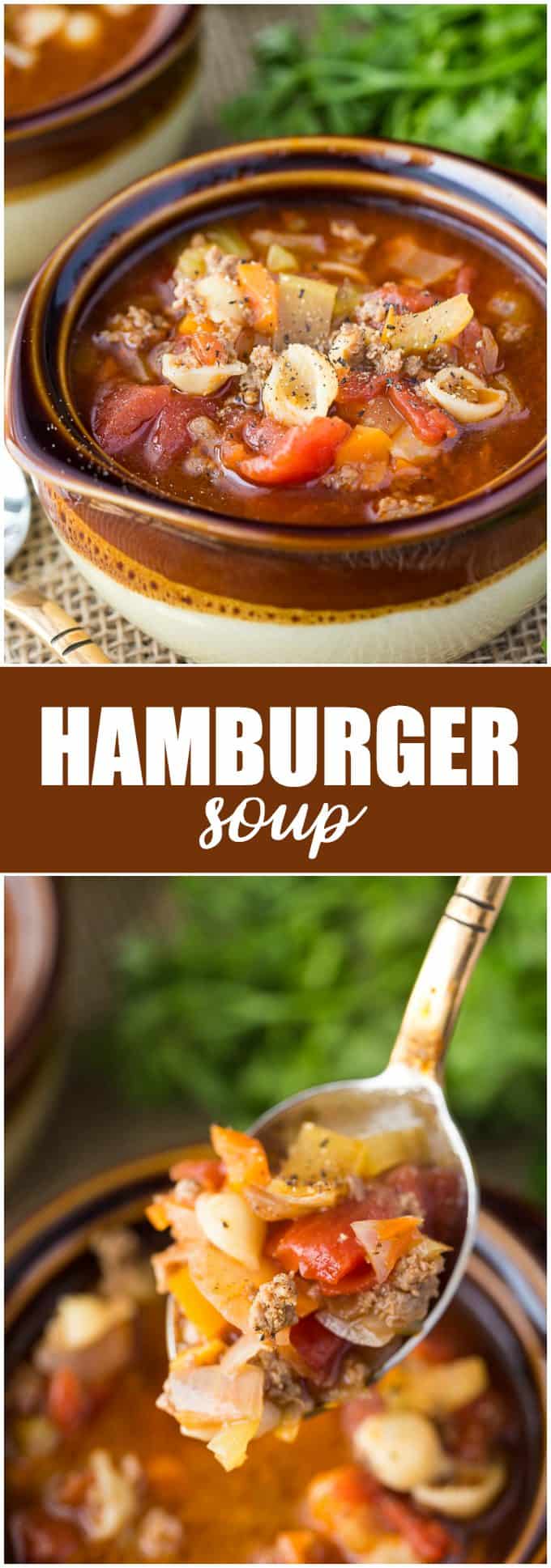 Hamburger Soup - A yummy winter soup recipe! This tomato-based soup is packed with vegetables and seasoned ground beef for the best burger in a bowl.