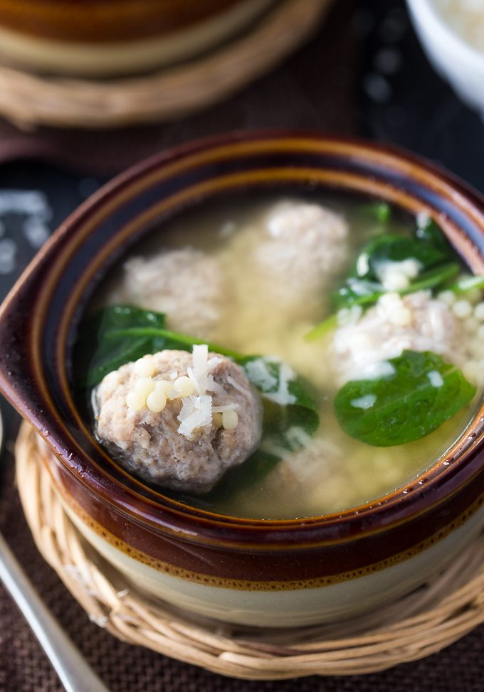 Italian Wedding Soup with Chicken Meatballs - A light and delicious soup! Homemade chicken meatballs and acini de pepe pasta with spinach and Parmesan cheese in a comforting chicken broth.