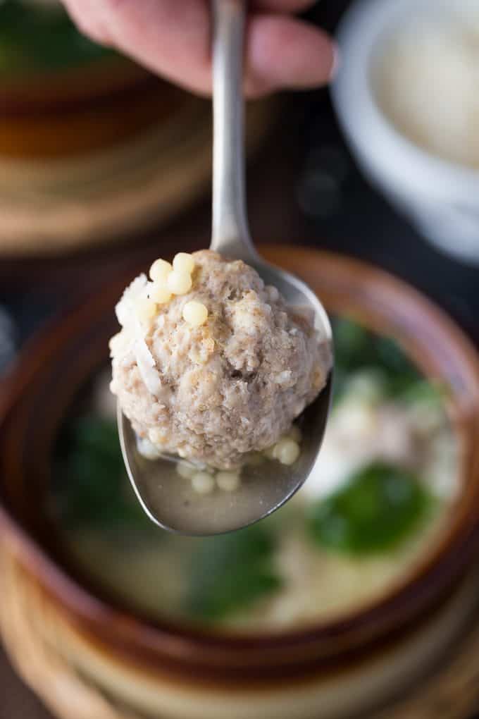 Italian Wedding Soup with Chicken Meatballs - A light and delicious soup! Homemade chicken meatballs and acini de pepe pasta with spinach and Parmesan cheese in a comforting chicken broth.