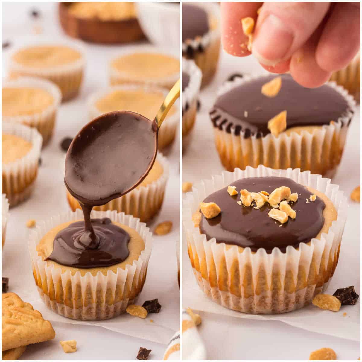 Steps to make mini peanut butter cheesecakes.