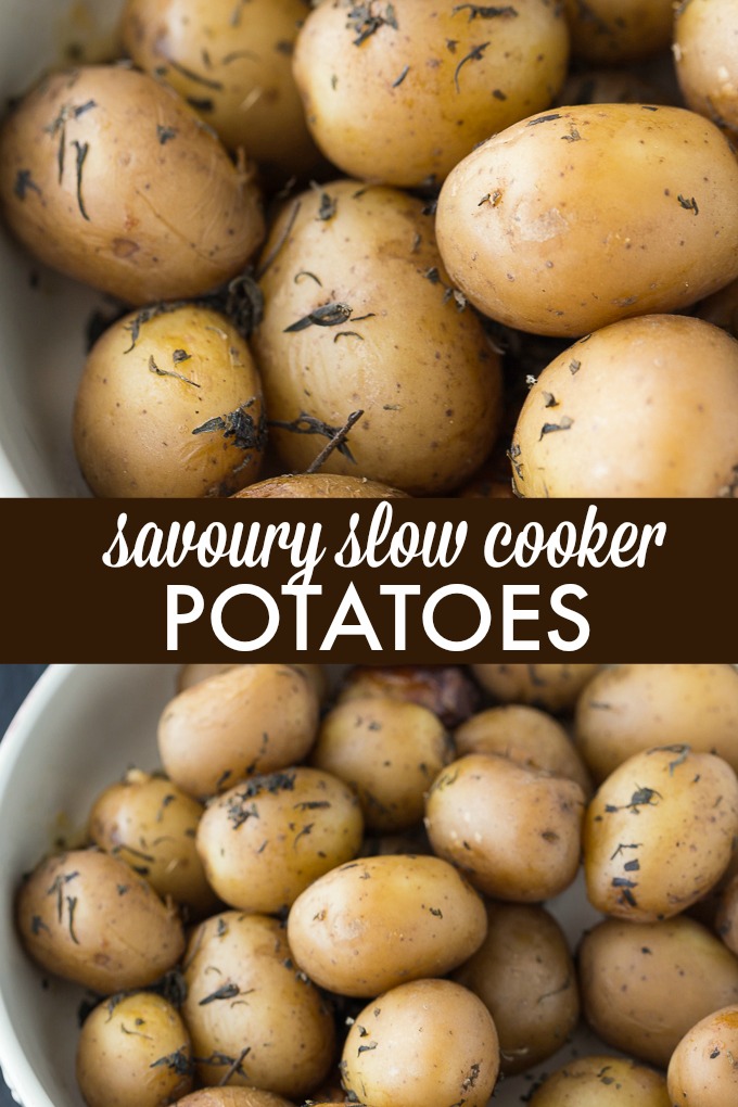 Savory Slow Cooker Potatoes - The easiest Crockpot side dish! You only need 5 ingredients to make the most tender potatoes filled with savory garlic flavor.