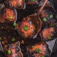 The recipe in a crockpot with a cooper serving spoon.