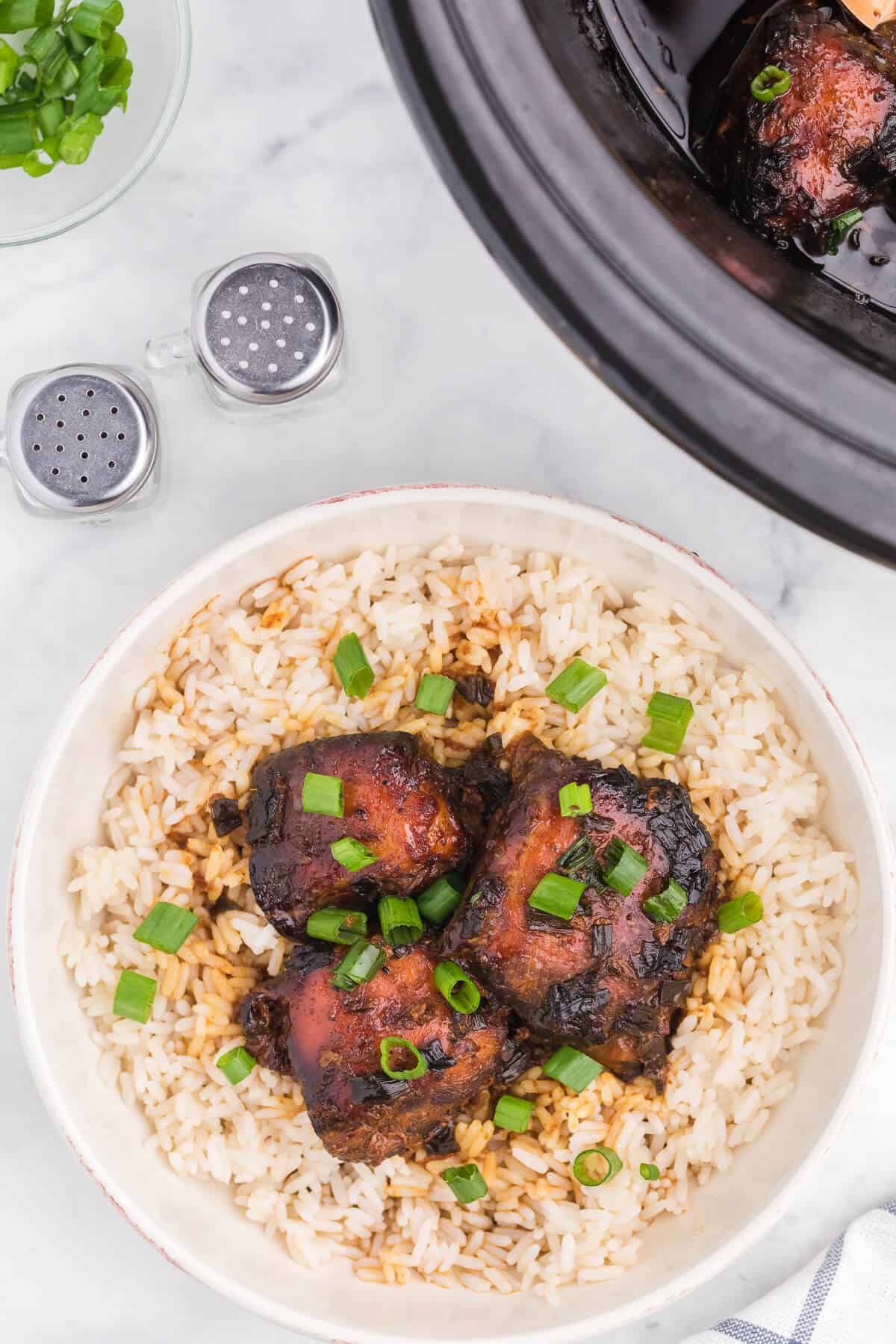 Peking chicken served on rice.