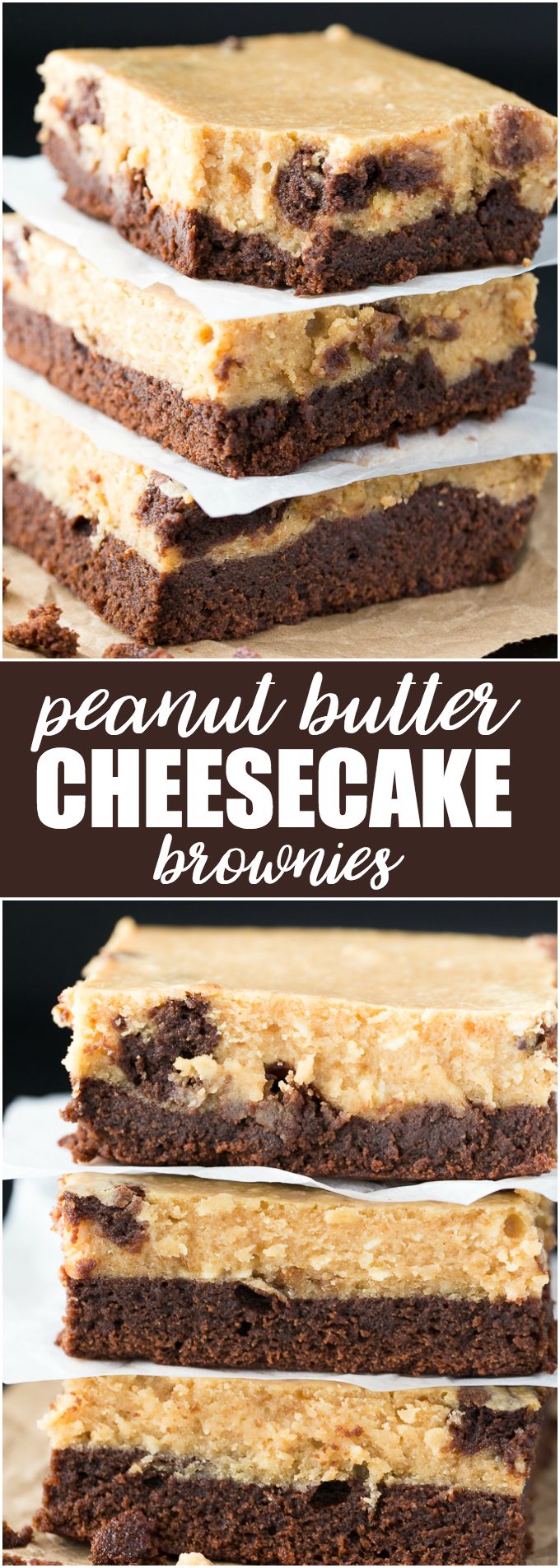 Peanut Butter Cheesecake Brownies - A rich fudgy brownie layer is topped by a smooth peanut butter cheesecake filling. This dessert tastes out of this world! 