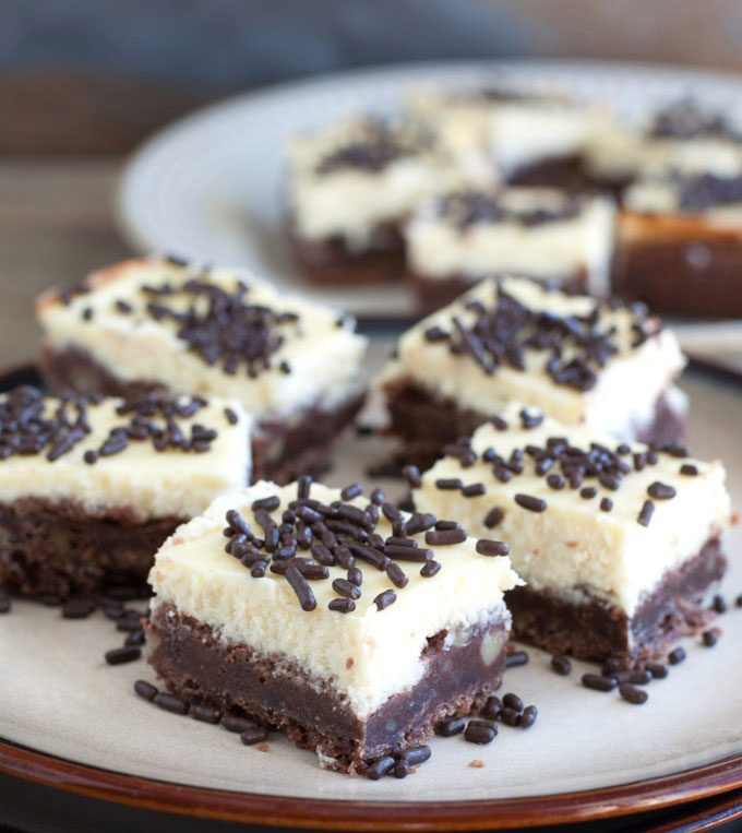Cheesecake Squares with a Chocolate Nut Crust - Rich, creamy cheesecake squares with a chocolate walnut crust. One bite and you'll be in cheesecake heaven!