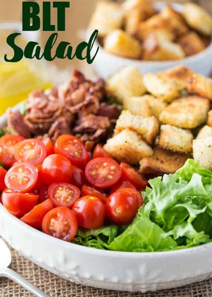 BLT Salad - Try your favourite sandwich as a salad! You'll love the fresh lettuce, juicy tomatoes and crisp bacon topped with savoury croutons and Honey Dijon Vinaigrette.