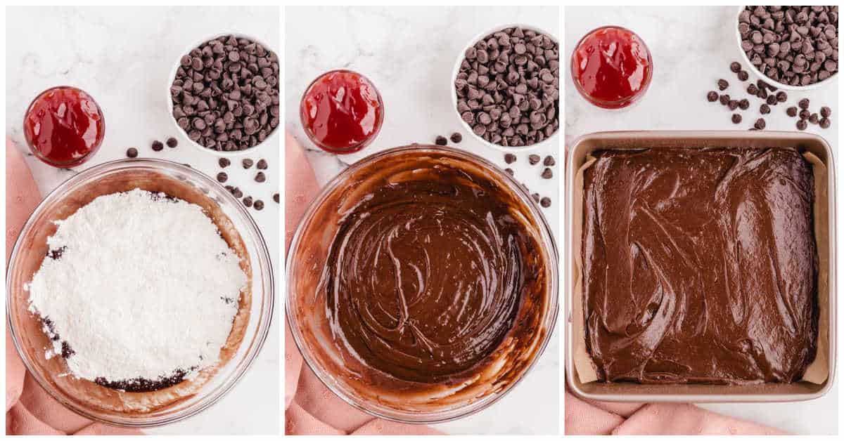 Steps to make chocolate raspberry brownies.