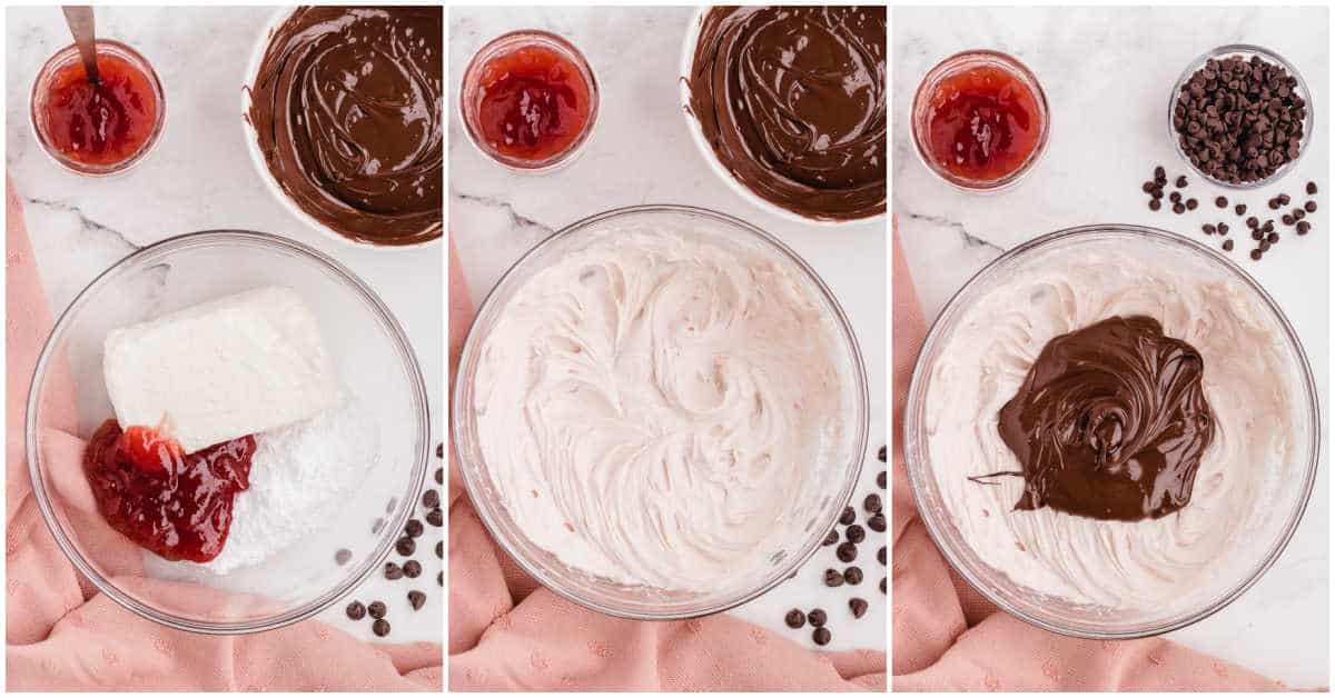 Steps to make chocolate raspberry brownies.