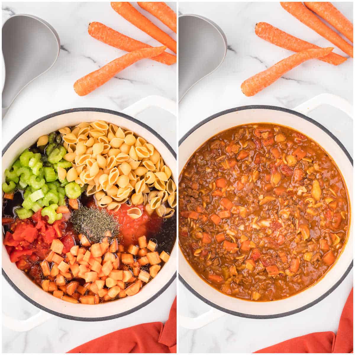 Collage of the ingredients added to the pot and mixed together.