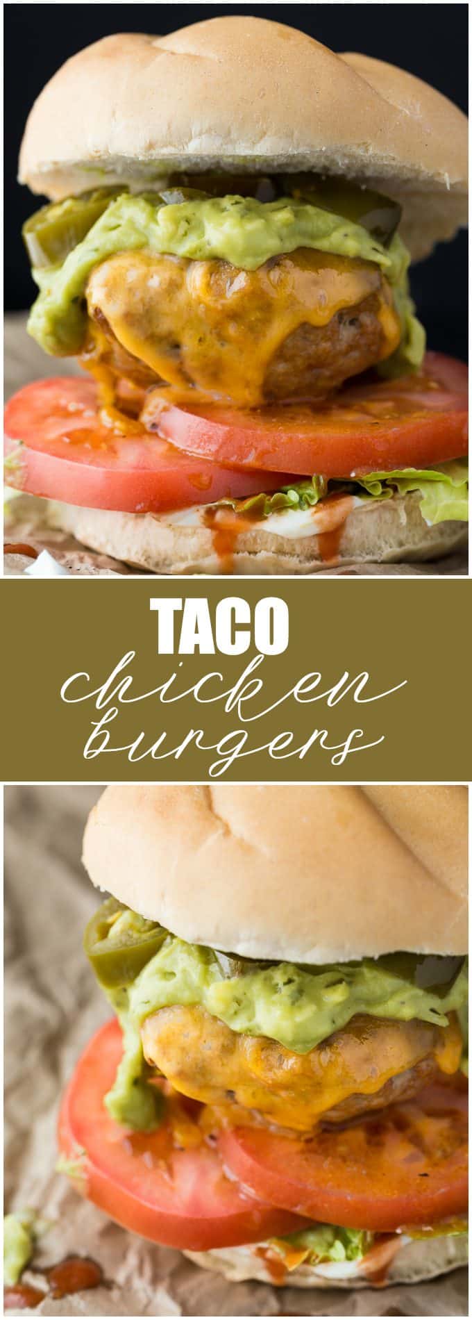 Taco Chicken Burgers - Switch it up for Mexican night! These healthier oven-baked chicken burgers are made with taco seasoning and topped with guacamole, jalapenos, and of course, cheese.