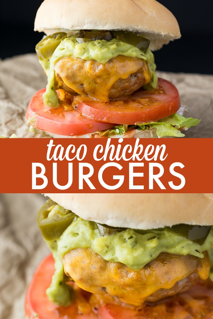 Taco Chicken Burgers - Switch it up for Mexican night! These healthier oven-baked chicken burgers are made with taco seasoning and topped with guacamole, jalapenos, and of course, cheese.