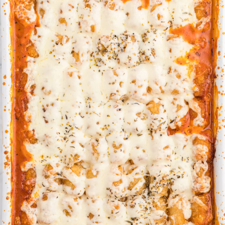 Lasagna Tater Tot Casserole - This kid friendly family dinner recipe uses tater tots to replace the traditional noodles layer - a delicious twist on a family favourite!
