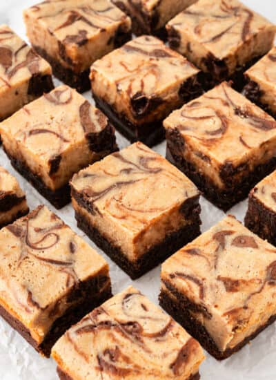 Peanut butter cheesecake brownies cut into bars.