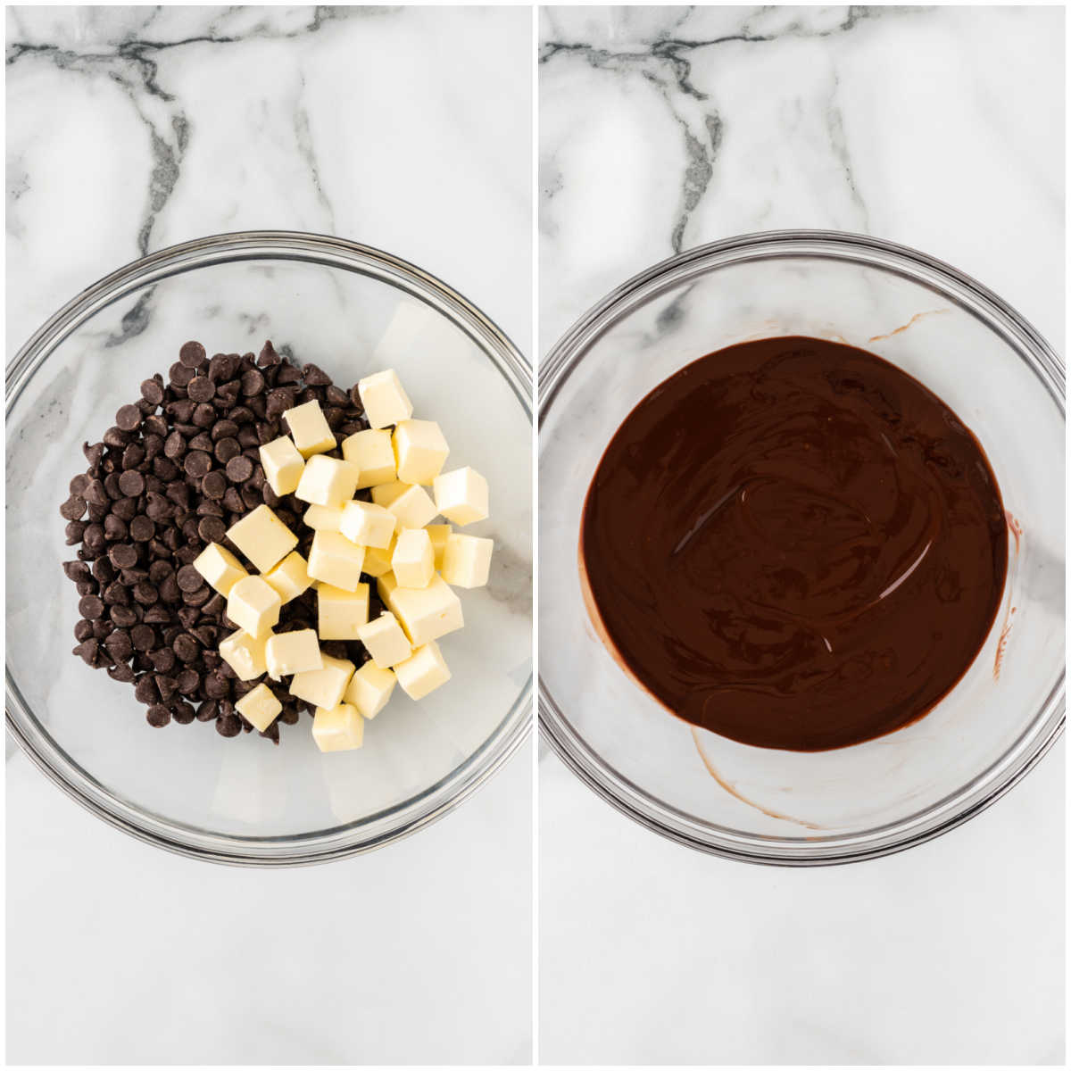 Collage of melting butter and chocolate in a bowl.