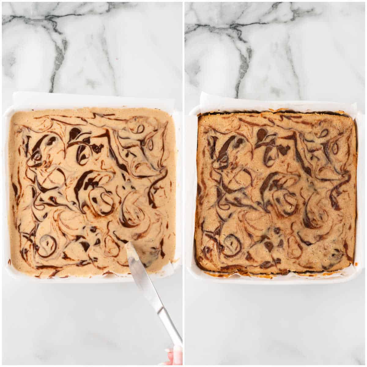 Steps to make peanut butter cheesecake brownies. 