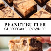 Peanut butter cheesecake brownies collage image.