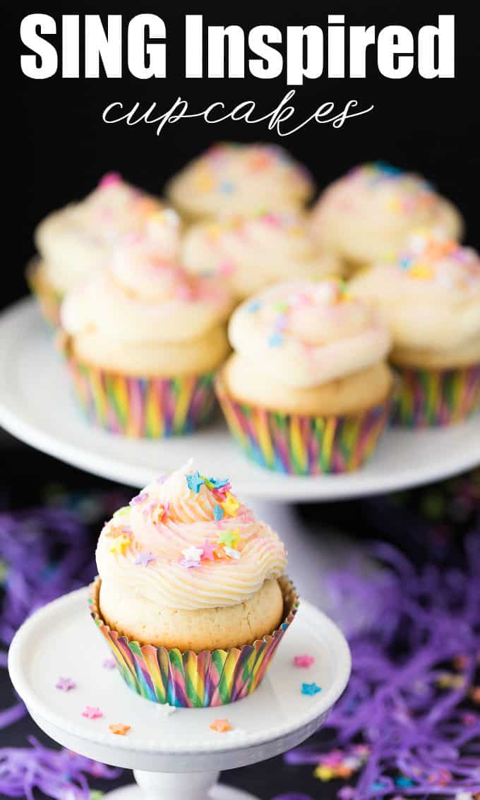 SING Inspired Cupcakes - Sweet vanilla cupcakes with a star surprise inside and topped with a smooth vanilla buttercream. Make a batch for your next family movie night to go with the movie, SING!